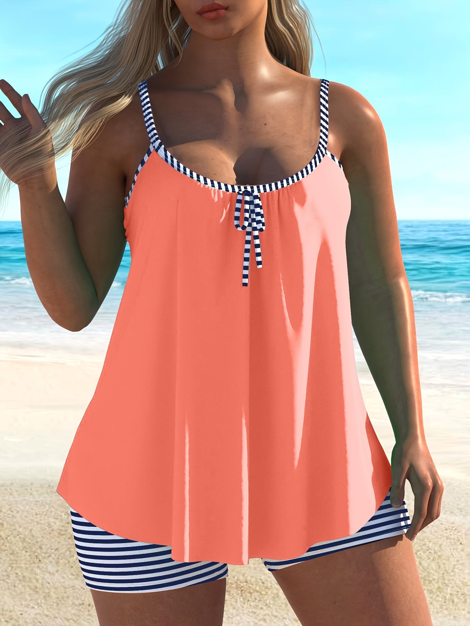 Women's Tankini - Striped Classic Neckline detail view