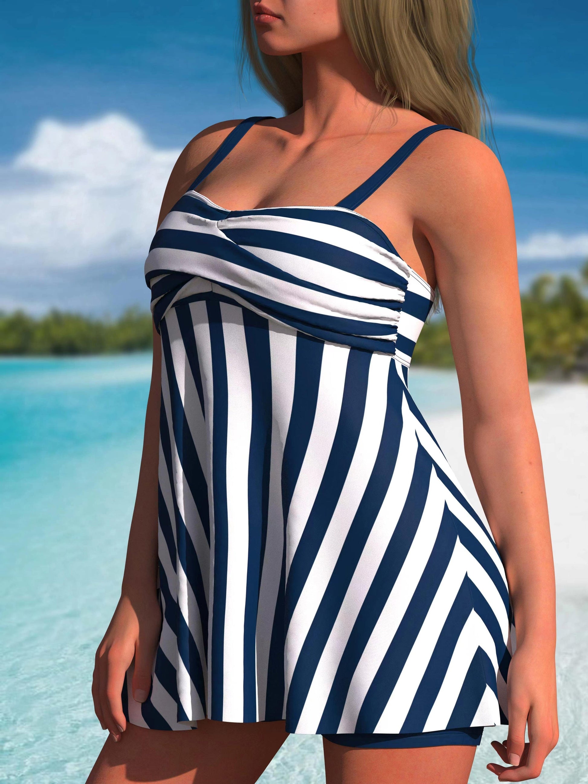 Women's Tankini – Women's Navy Color Polyester Printed Striped Shorts – view 8