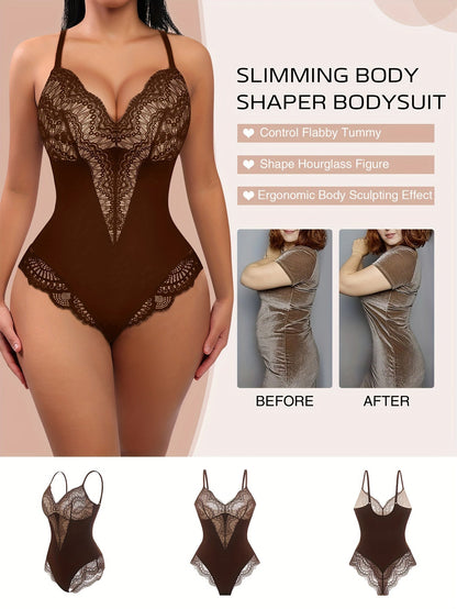 Women's Targeted Control Shapewear Bodysuit - Lace Body Smoothing, Black detail view