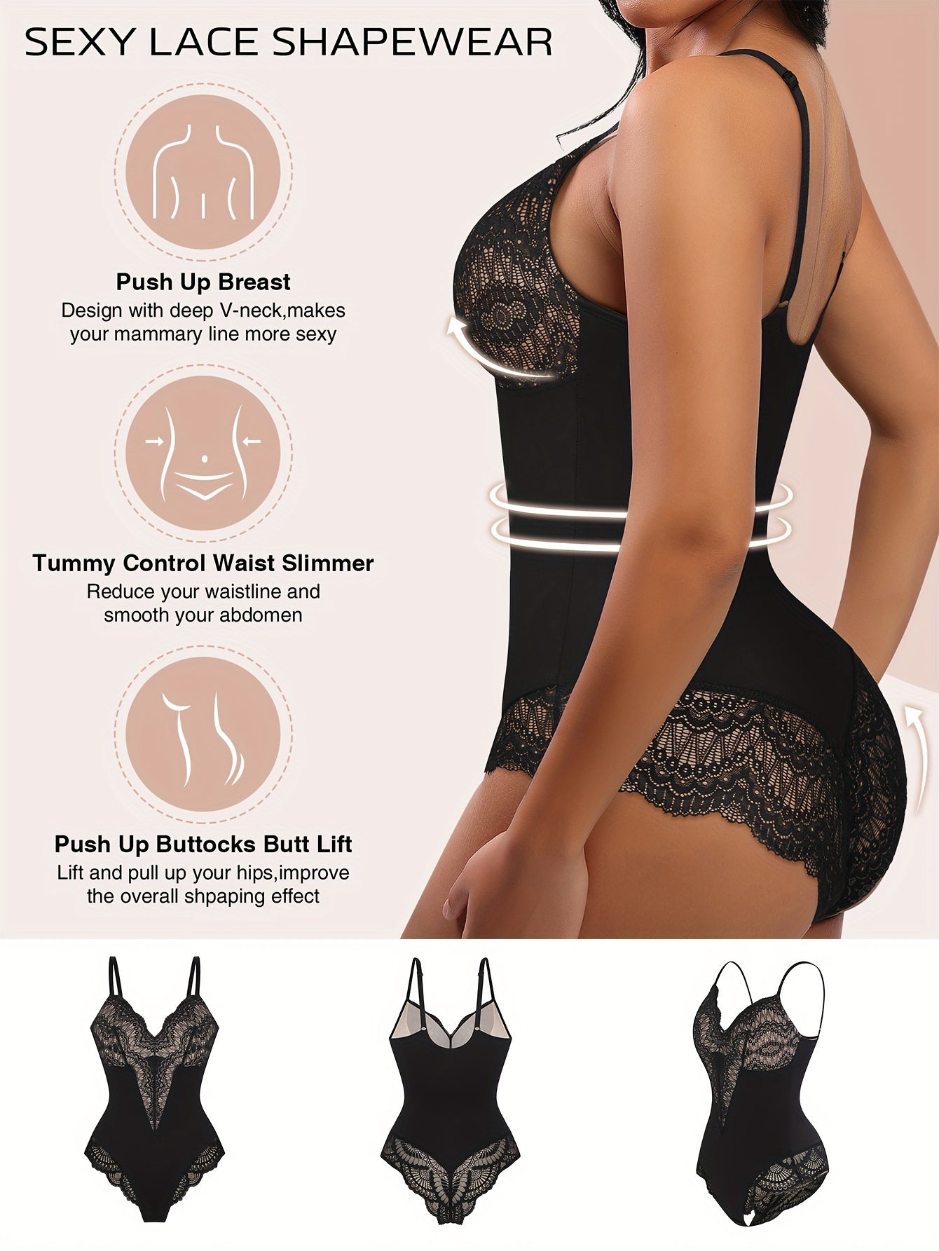 Women's Targeted Control Shapewear Bodysuit - Lace Body Smoothing, Black detail view
