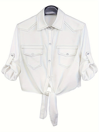 Women's Textured Blouse - Classic Neck Three-Quarter Sleeve detail view