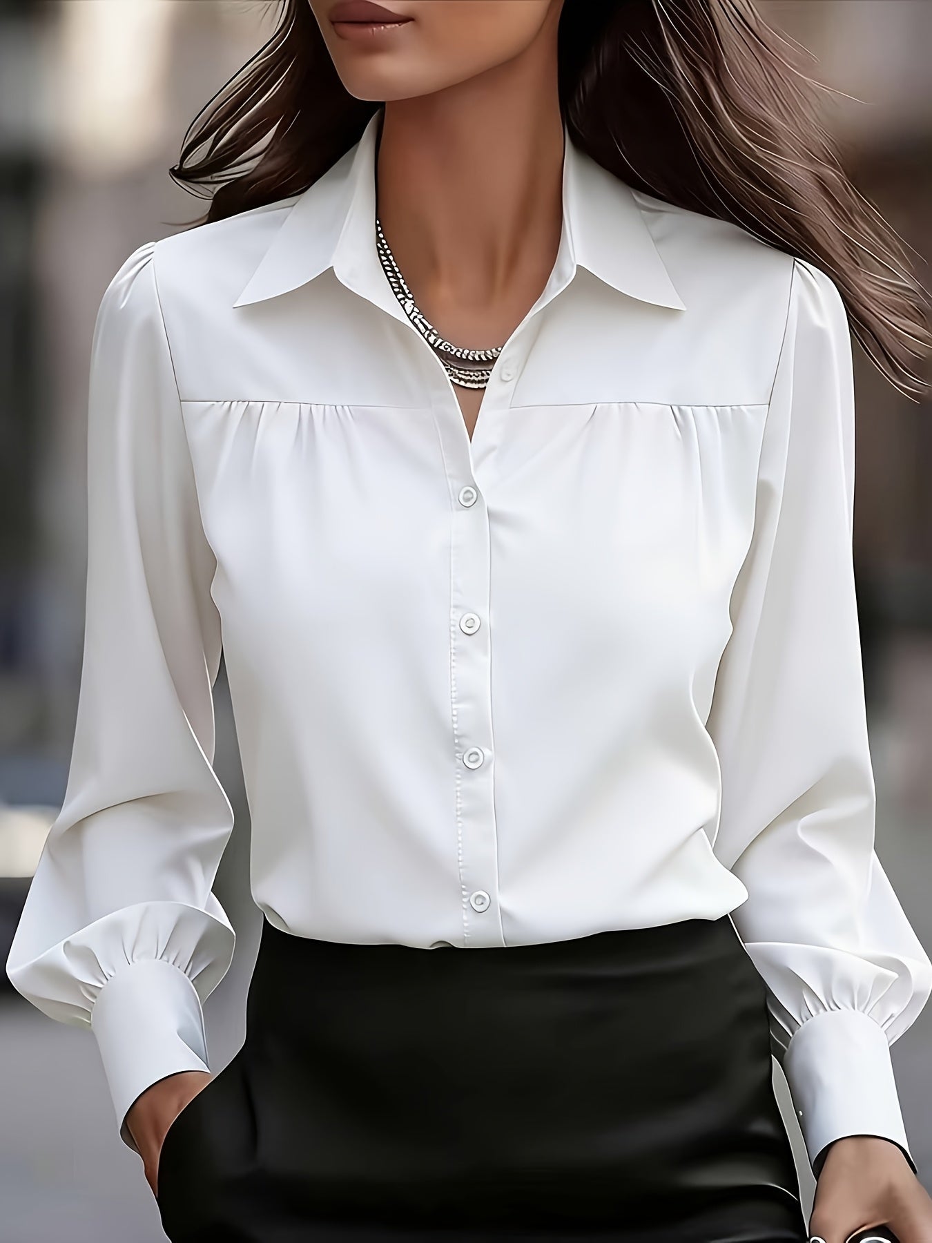 Women's Textured Blouse - Collared Long Sleeve detail view