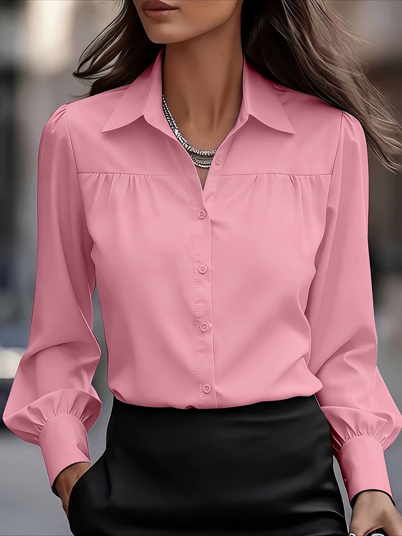 Women's Textured Blouse - Collared Long Sleeve – Pink option – view 2