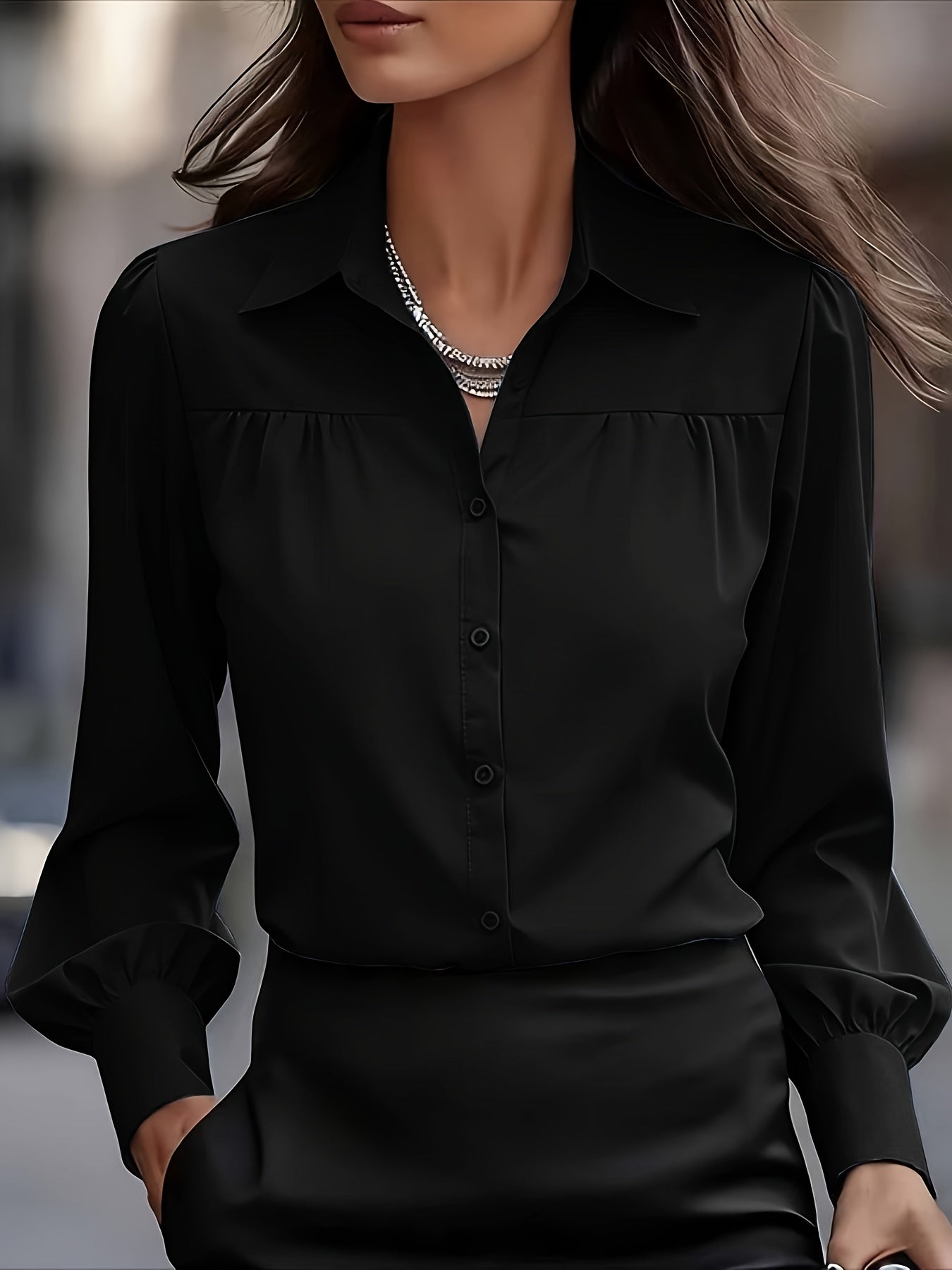 Women's Textured Blouse - Collared Long Sleeve – Pink option – view 3