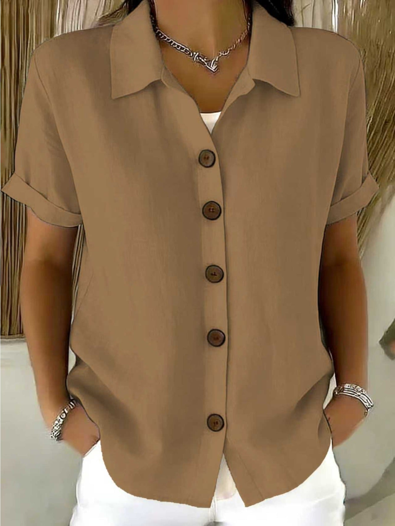 Women's Textured Blouse - Collared Short Sleeve detail view