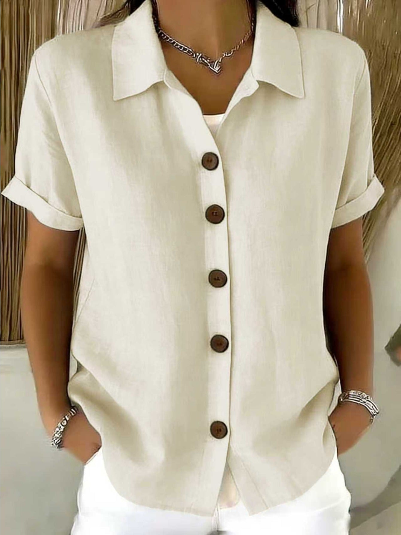 Women's Textured Blouse - Collared Short Sleeve detail view