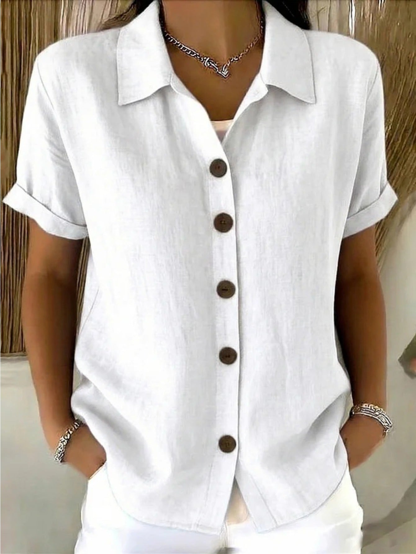 Women's Textured Blouse - Collared Short Sleeve detail view
