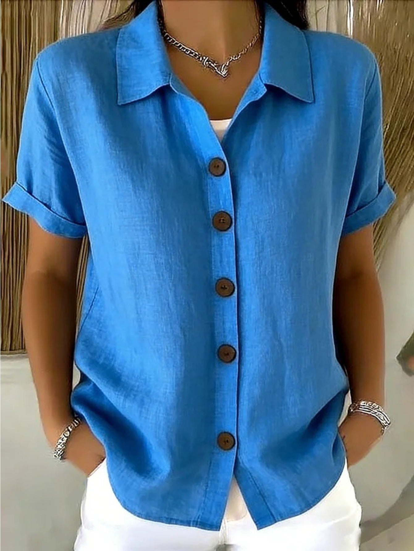 Women's Textured Blouse - Collared Short Sleeve detail view