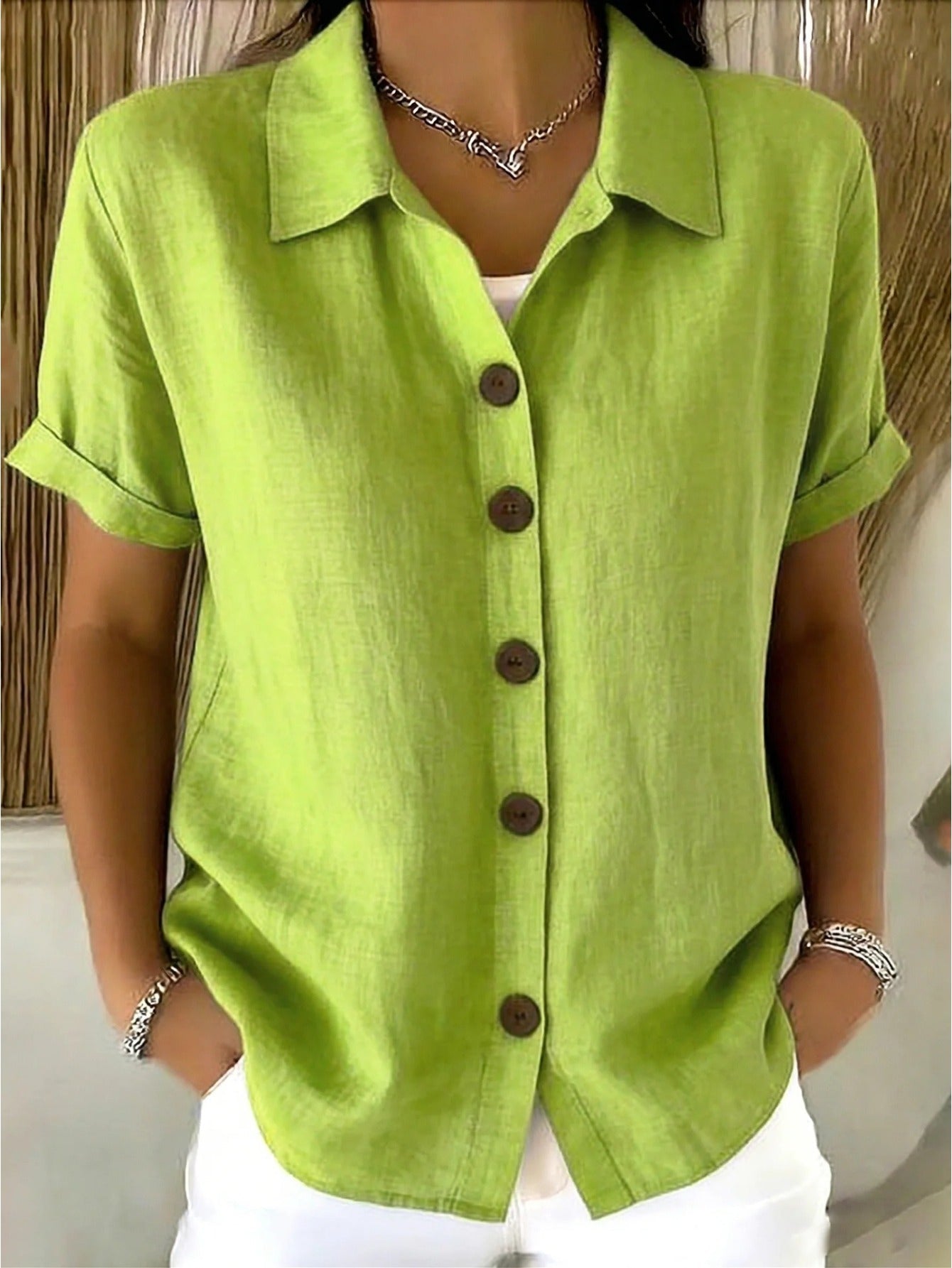 Women's Textured Blouse - Collared Short Sleeve detail view