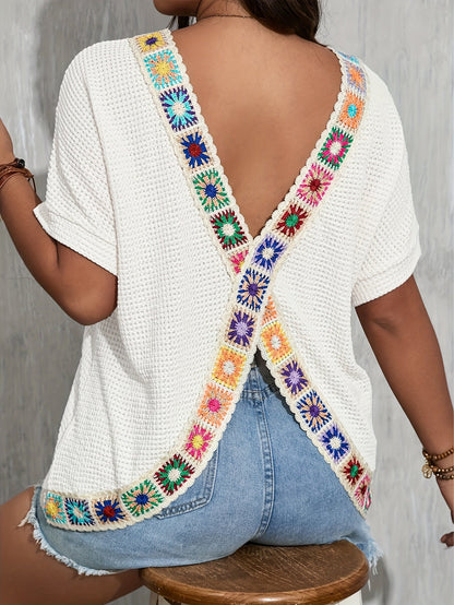 Women's Textured Blouse - Crew Neck Short Sleeve – White detail view