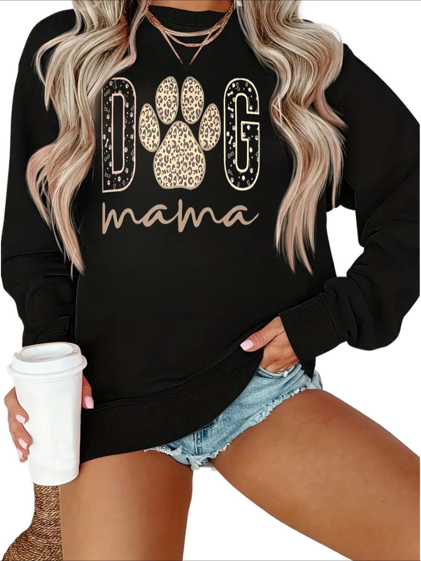Women's Textured Crewneck Sweatshirt - Regular Fit Crew Neck – Black / White – Black option – view 2