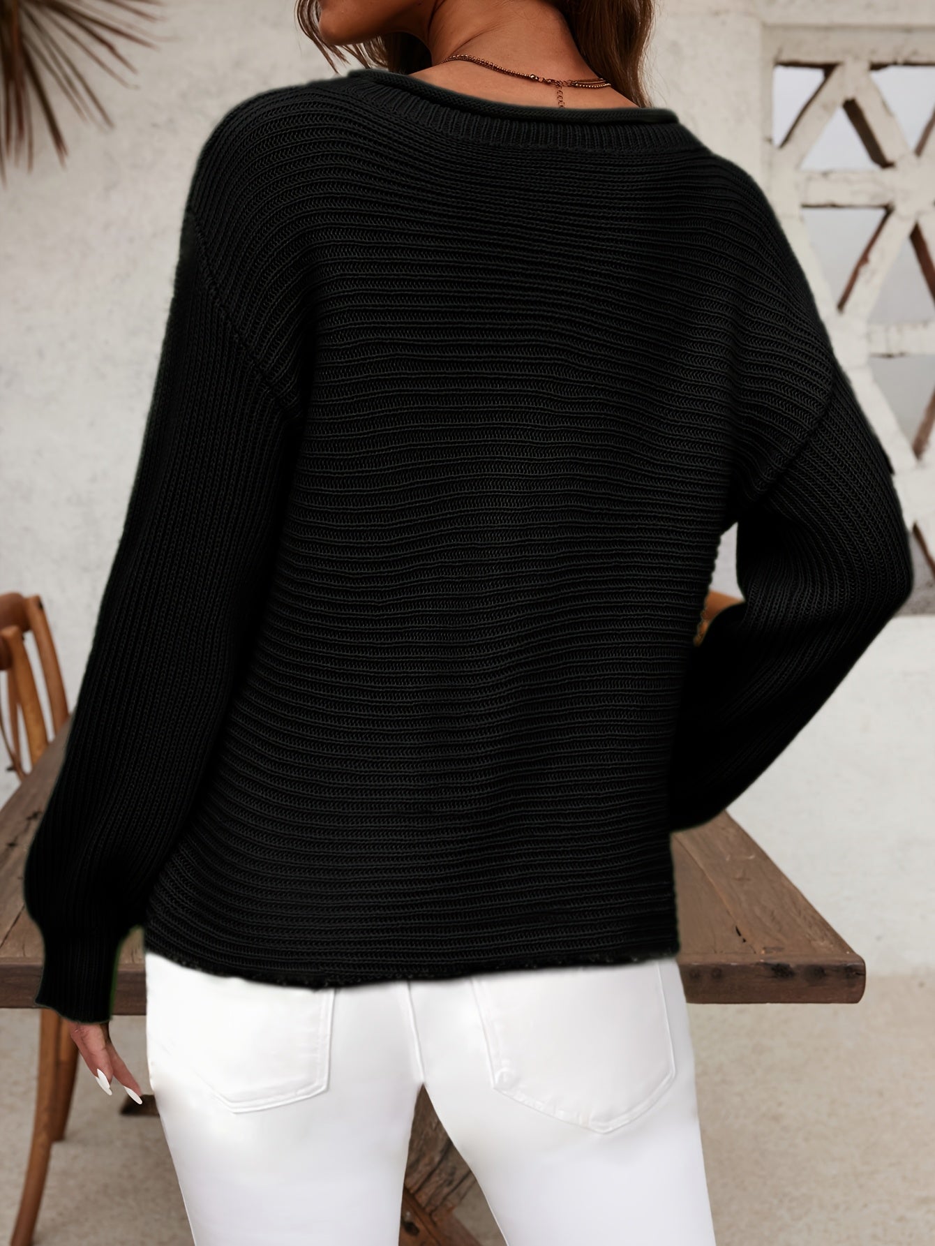 Women's Textured Pullover Sweater - Classic Neck Lantern Sleeve detail view
