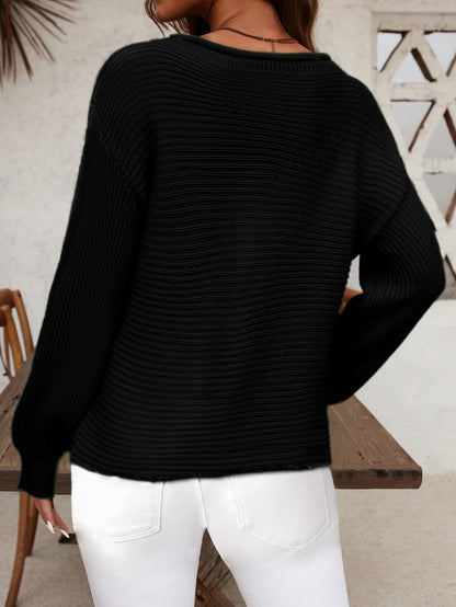 Women's Textured Pullover Sweater - Classic Neck Lantern Sleeve detail view