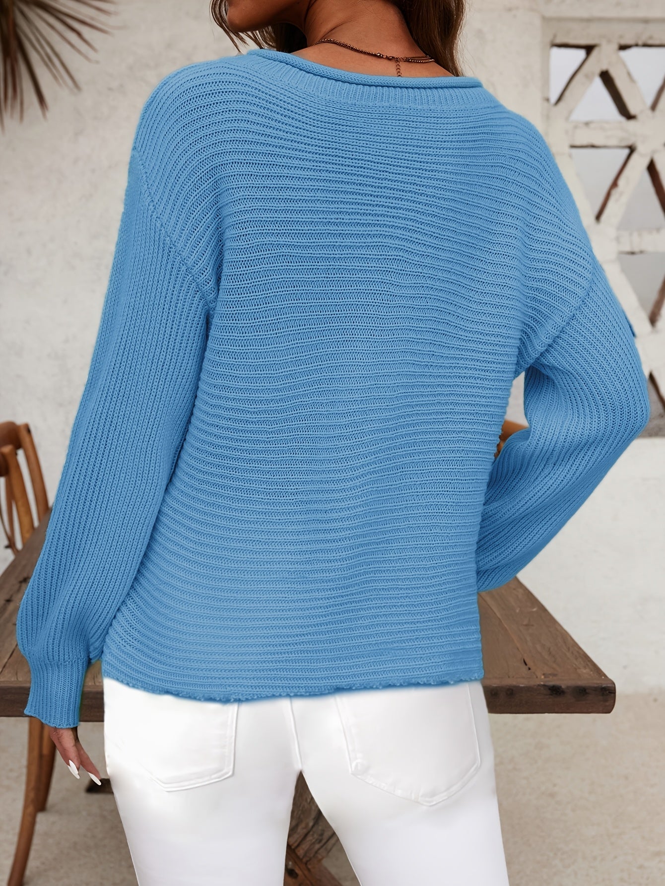 Women's Textured Pullover Sweater - Classic Neck Lantern Sleeve detail view