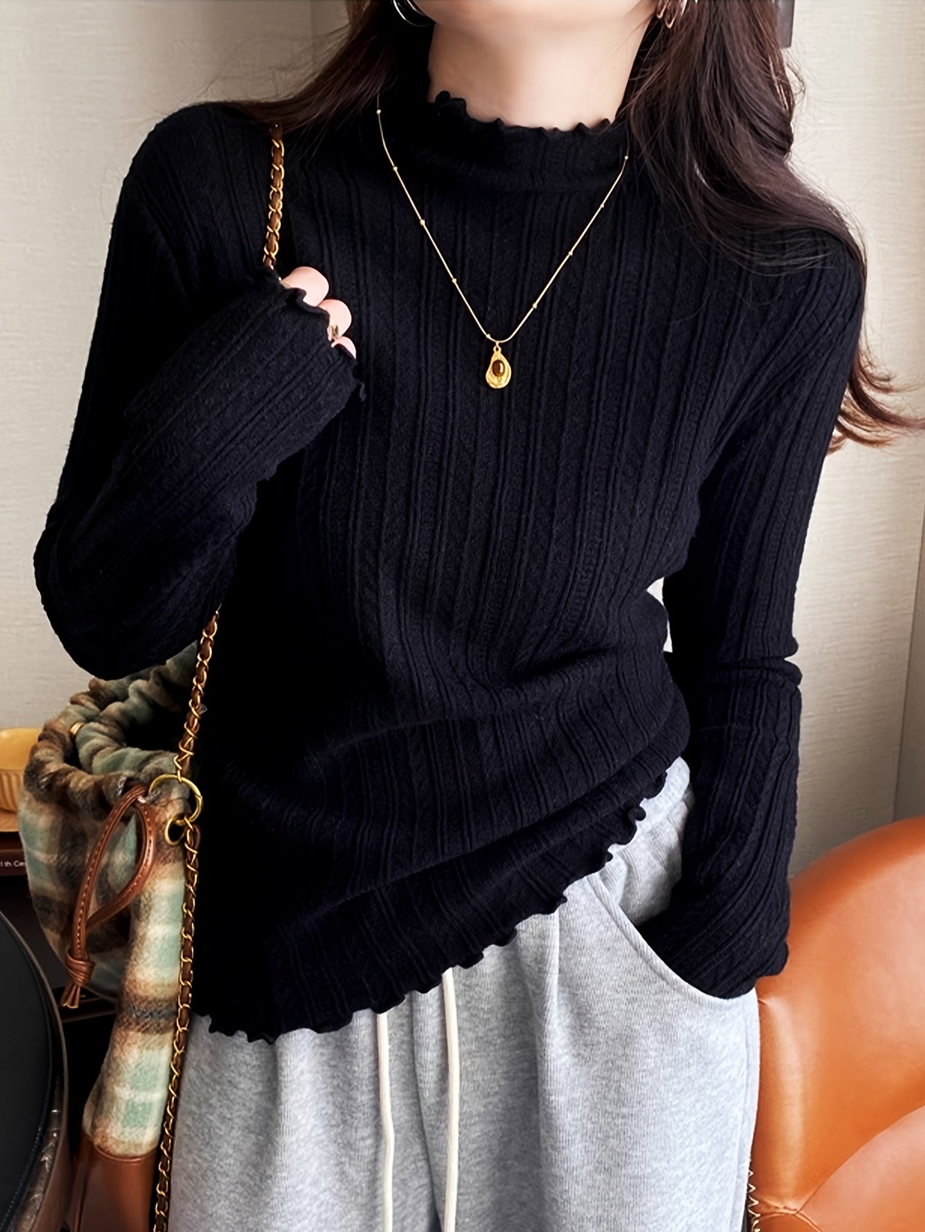 Women's Textured Pullover Sweater - Mock Neck Long Sleeve detail view