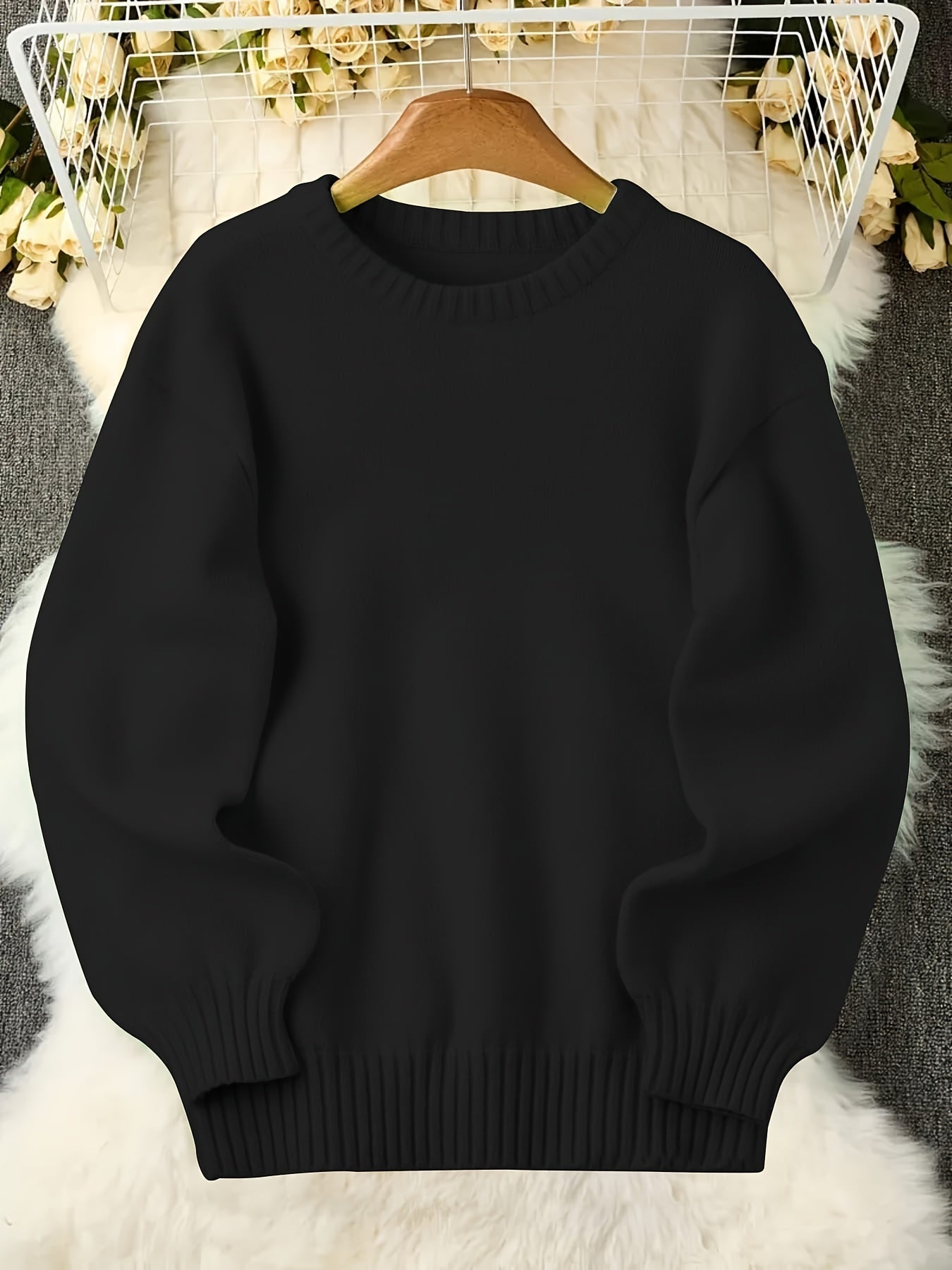 Women's Textured Pullover Sweater - Relaxed Fit Crew Neck – Sizes 1XL–5XL – Black option – view 3