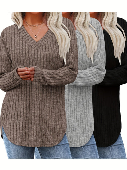Women's Three-Piece Knit Top Set - V-Neck Layers detail view