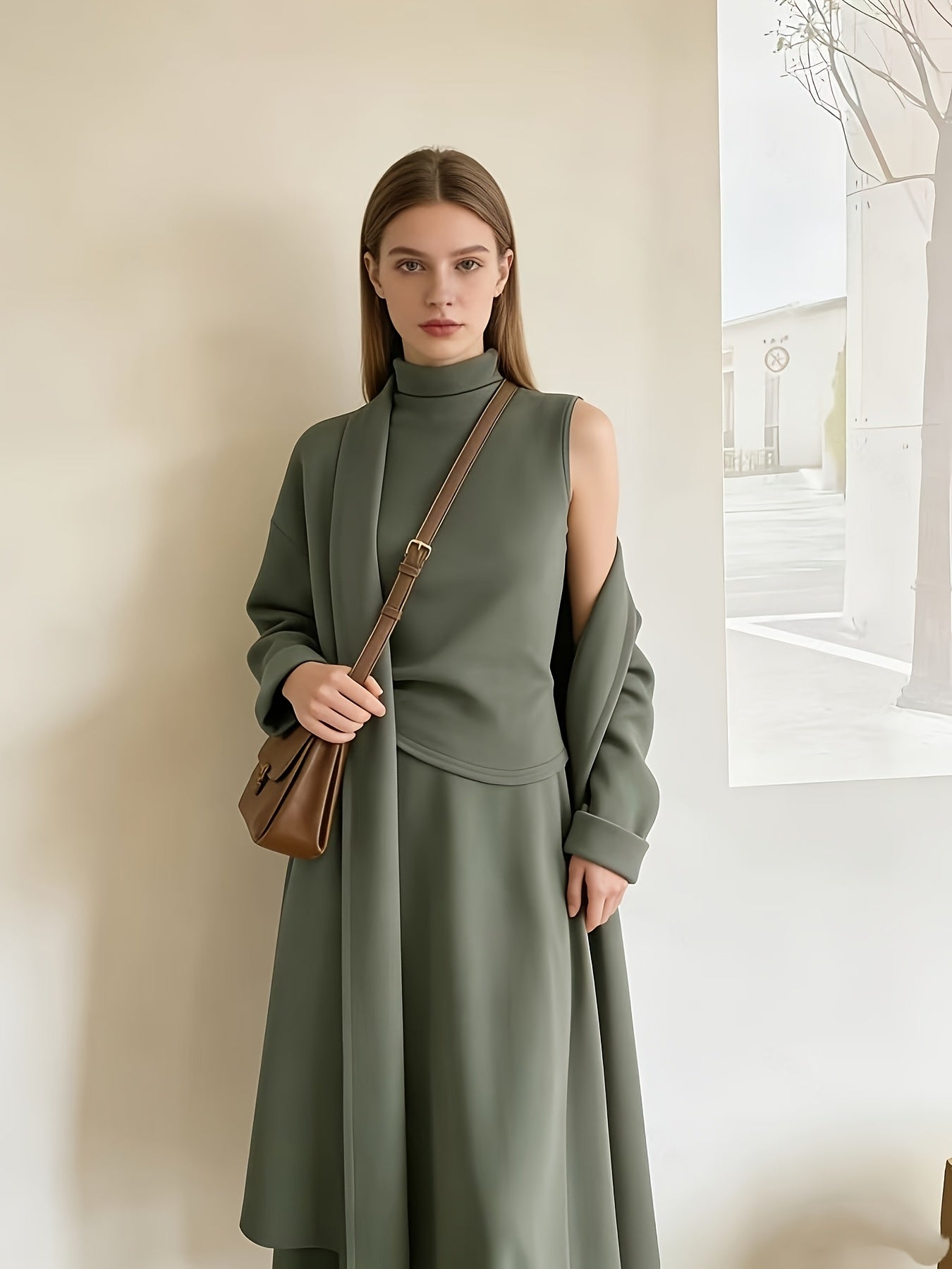 Women's Three-Piece Outfit Set - Knit Casual Matching Outfit – Olive Green detail view