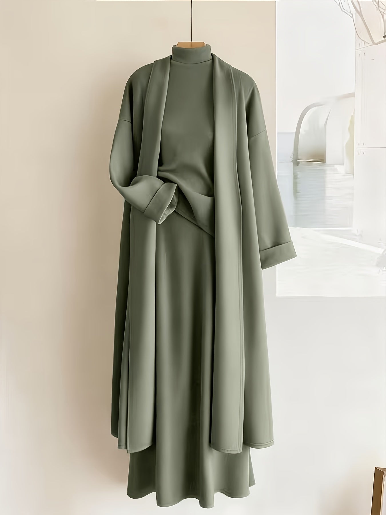 Women's Three-Piece Outfit Set - Knit Casual Matching Outfit – Olive Green detail view