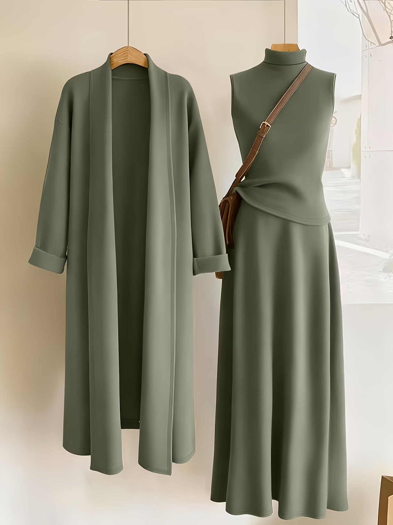 Women's Three-Piece Outfit Set - Knit Casual Matching Outfit – Olive Green detail view