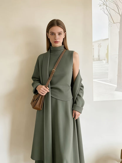 Women's Three-Piece Outfit Set - Knit Casual Matching Outfit – Olive Green detail view