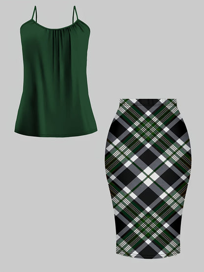 Women's Three-Piece Outfit Set - Plaid Workwear Matching Outfit detail view