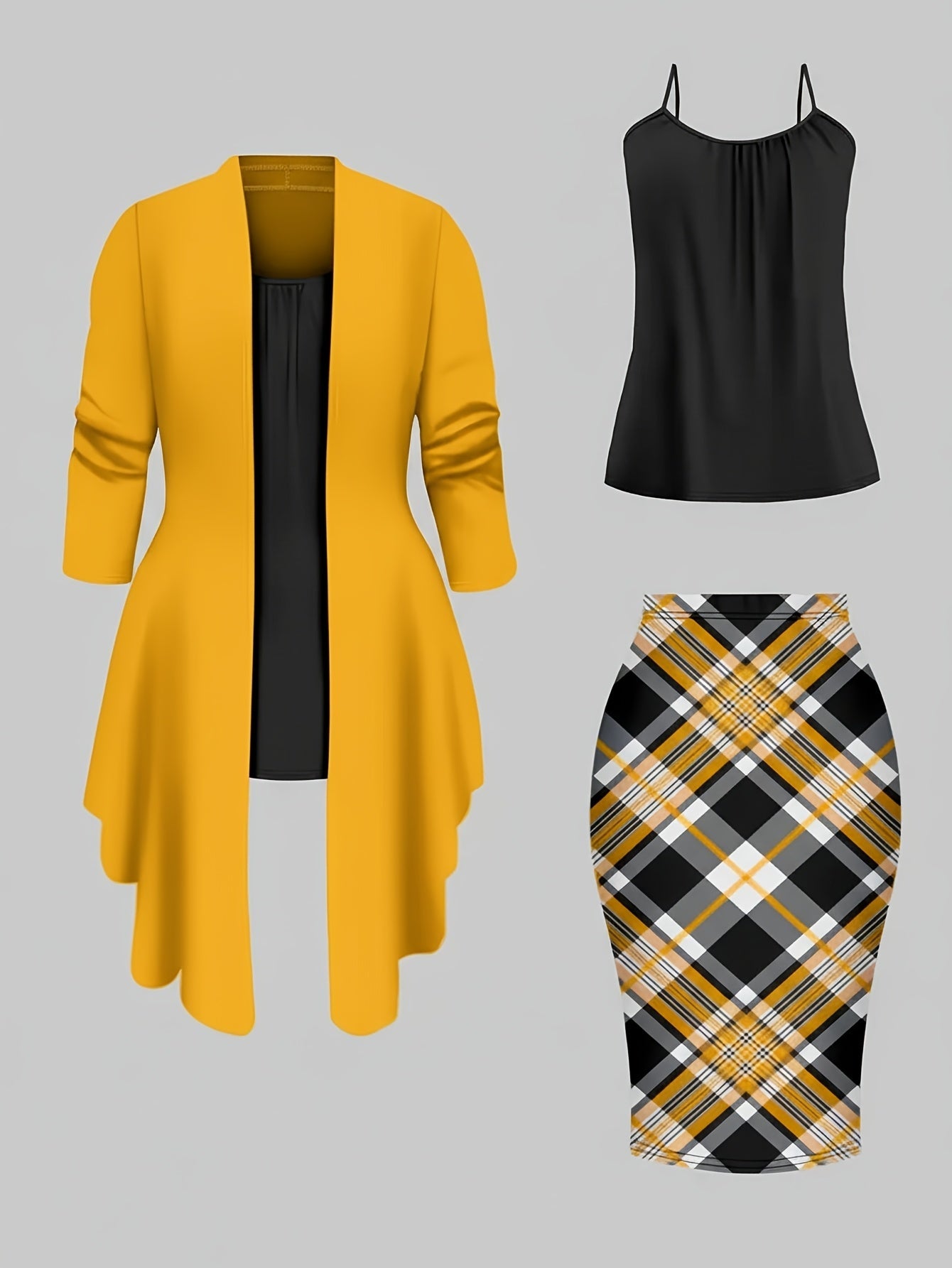 Women's Three-Piece Outfit Set - Plaid Workwear Matching Outfit detail view