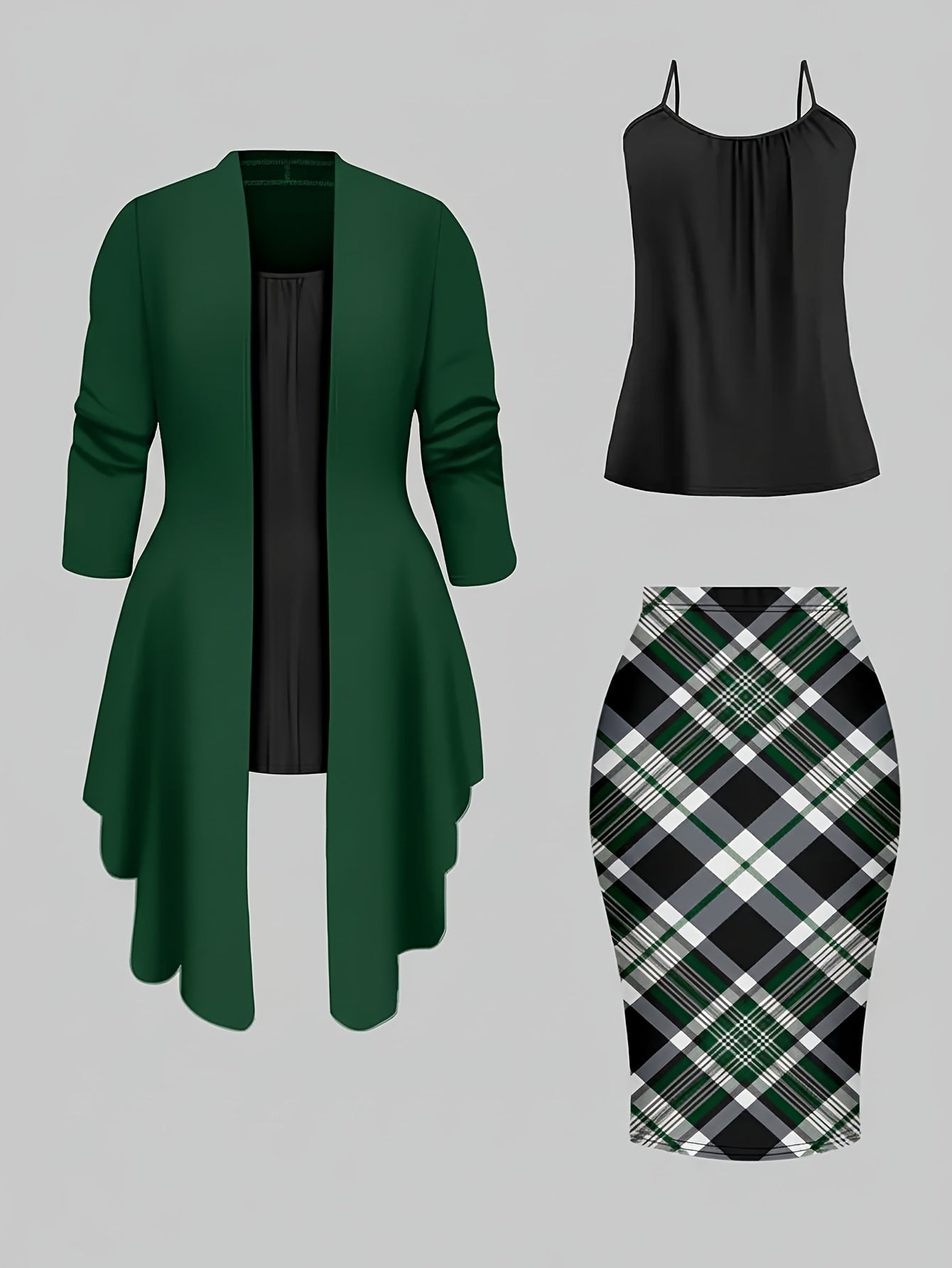 Women's Three-Piece Outfit Set - Plaid Workwear Matching Outfit – Green option – main product image