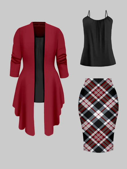 Women's Three-Piece Outfit Set - Plaid Workwear Matching Outfit – Green option – view 3