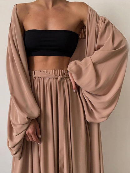 Women's Three-Piece Outfit Set - Solid Color Vacation Matching Outfit detail view