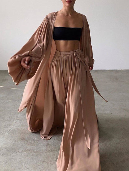 Women's Three-Piece Outfit Set - Solid Color Vacation Matching Outfit detail view