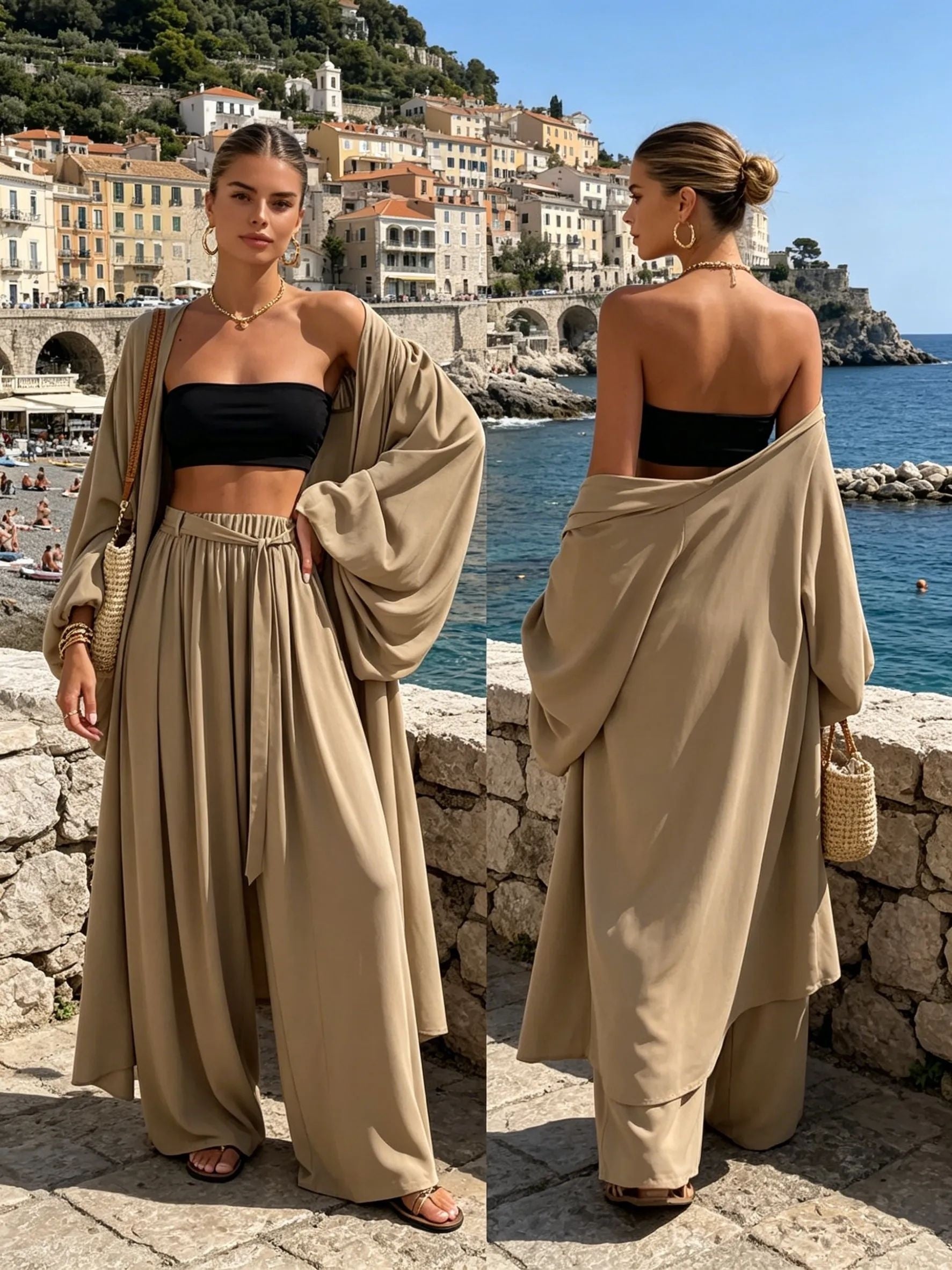 Women's Three-Piece Outfit Set - Solid Color Vacation Matching Outfit detail view