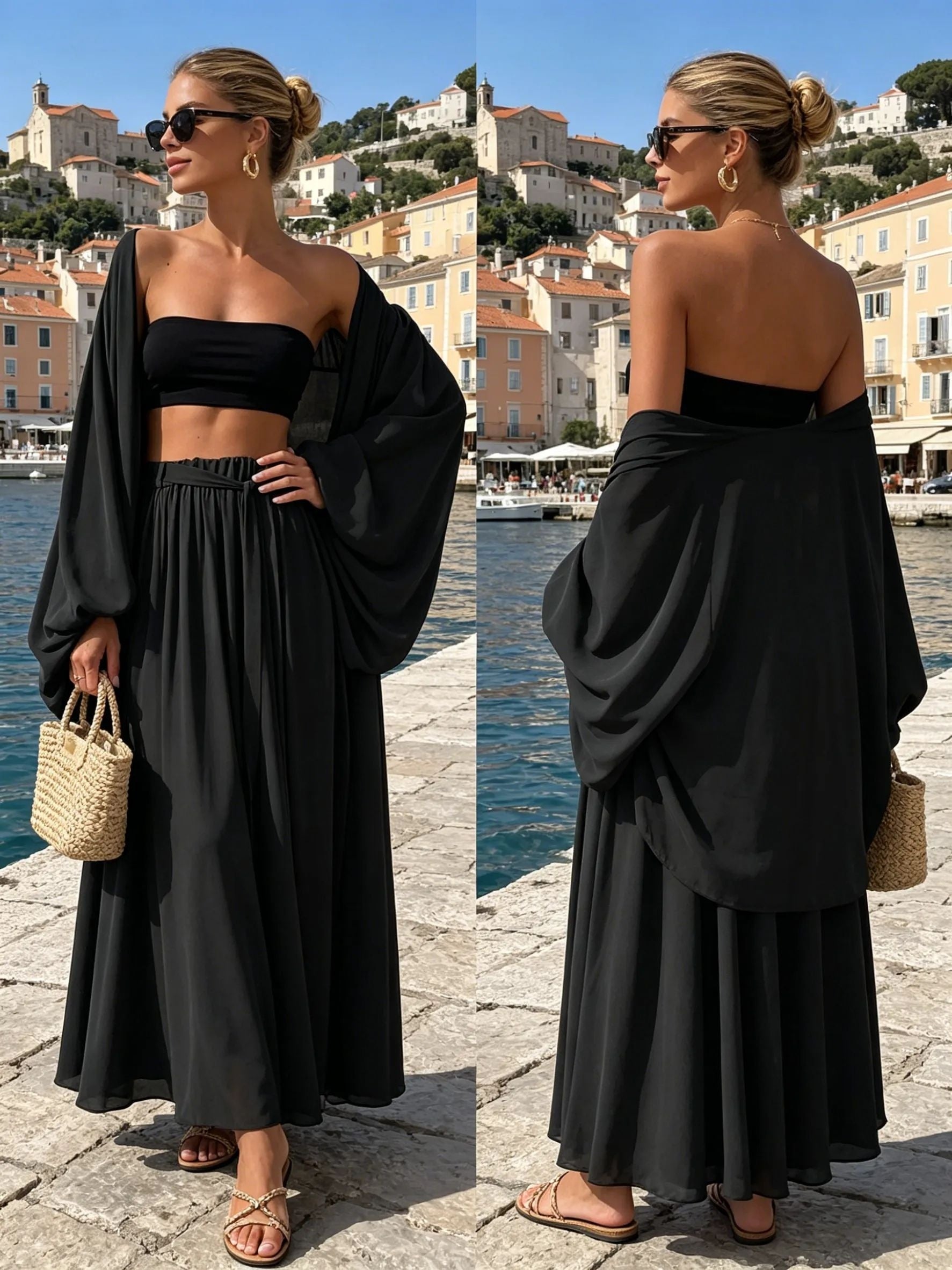 Women's Three-Piece Outfit Set - Solid Color Vacation Matching Outfit detail view