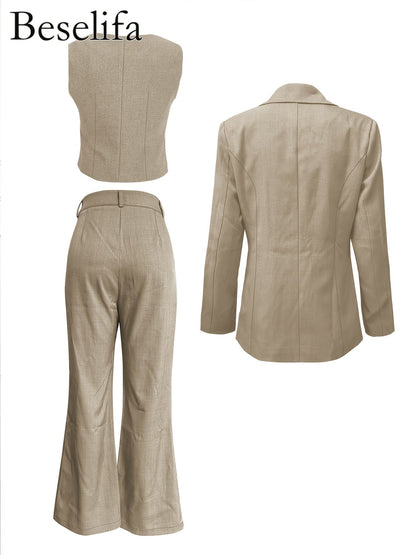 Women's Three-Piece Outfit Set - Solid Color Workwear Matching Outfit detail view