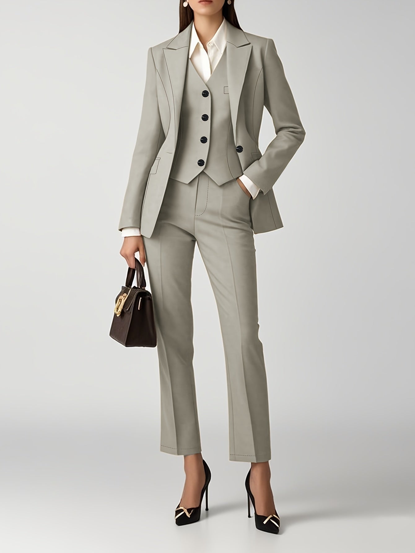Women's Three-Piece Outfit Set - Solid Color Workwear Matching Outfit detail view
