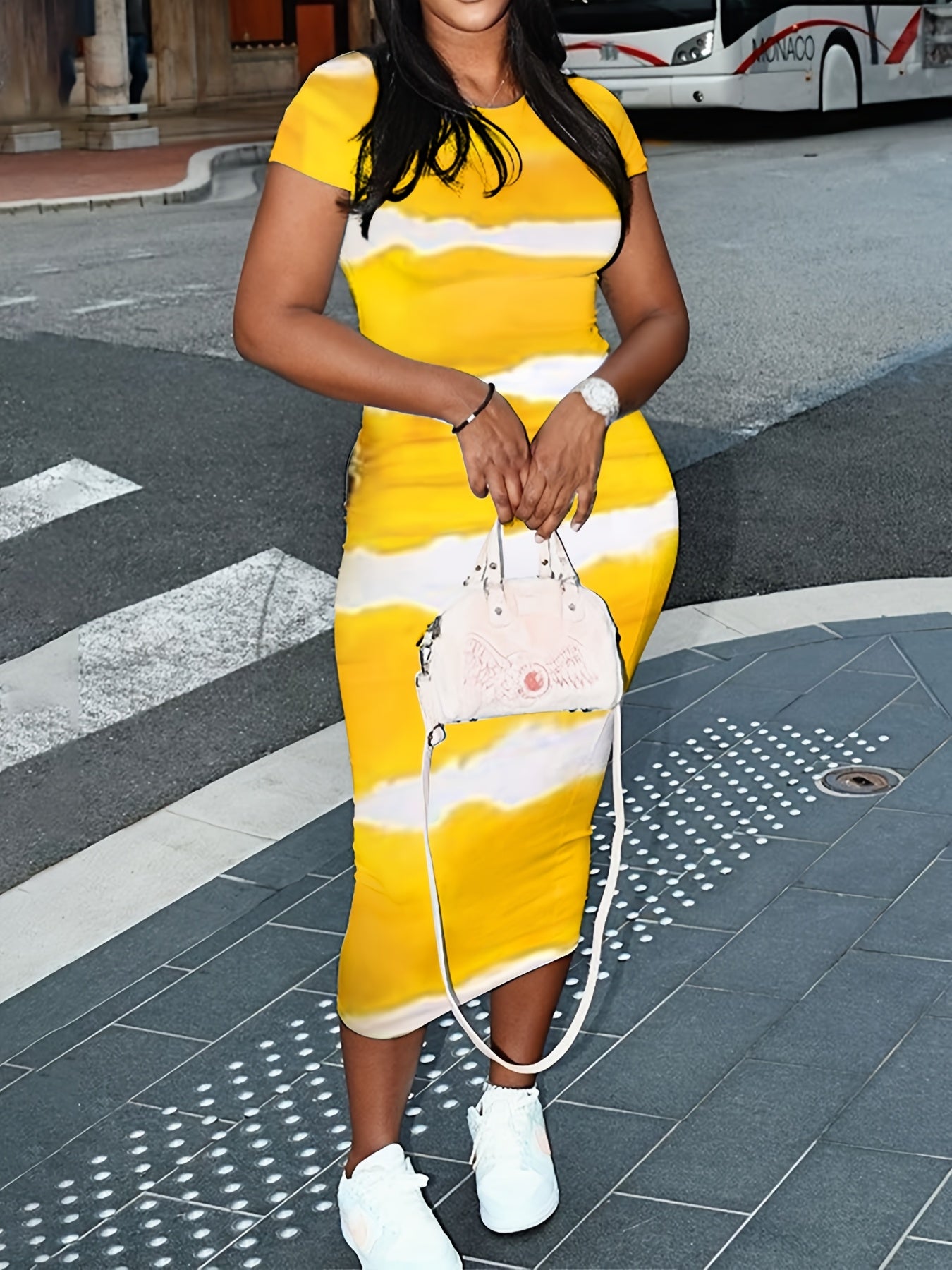 Women's Tie Dye Crew Neck Midi Bodycon Dress - Short Sleeve detail view