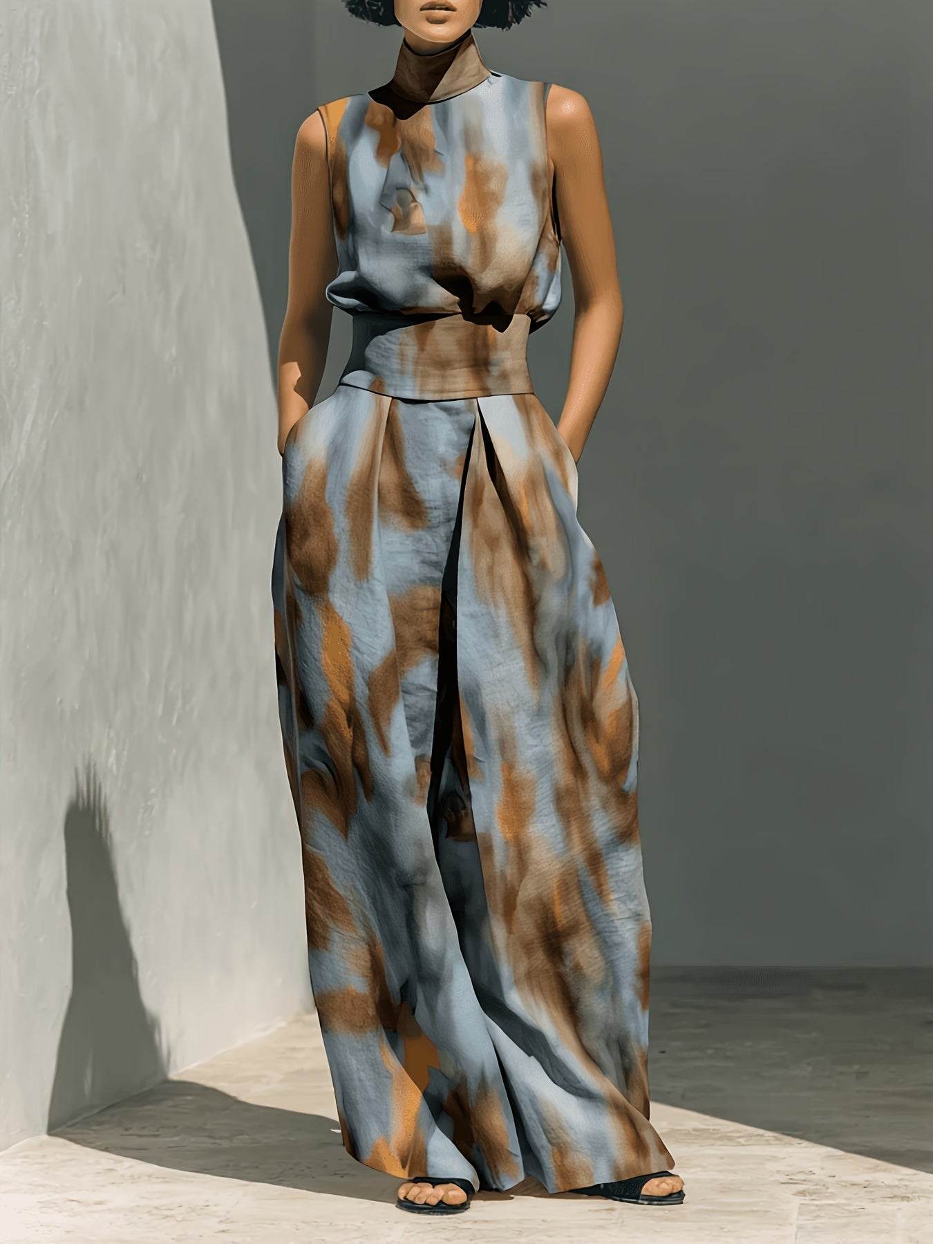 Women's Two-Piece Outfit Set - Graphic Print – Blue Brown detail view