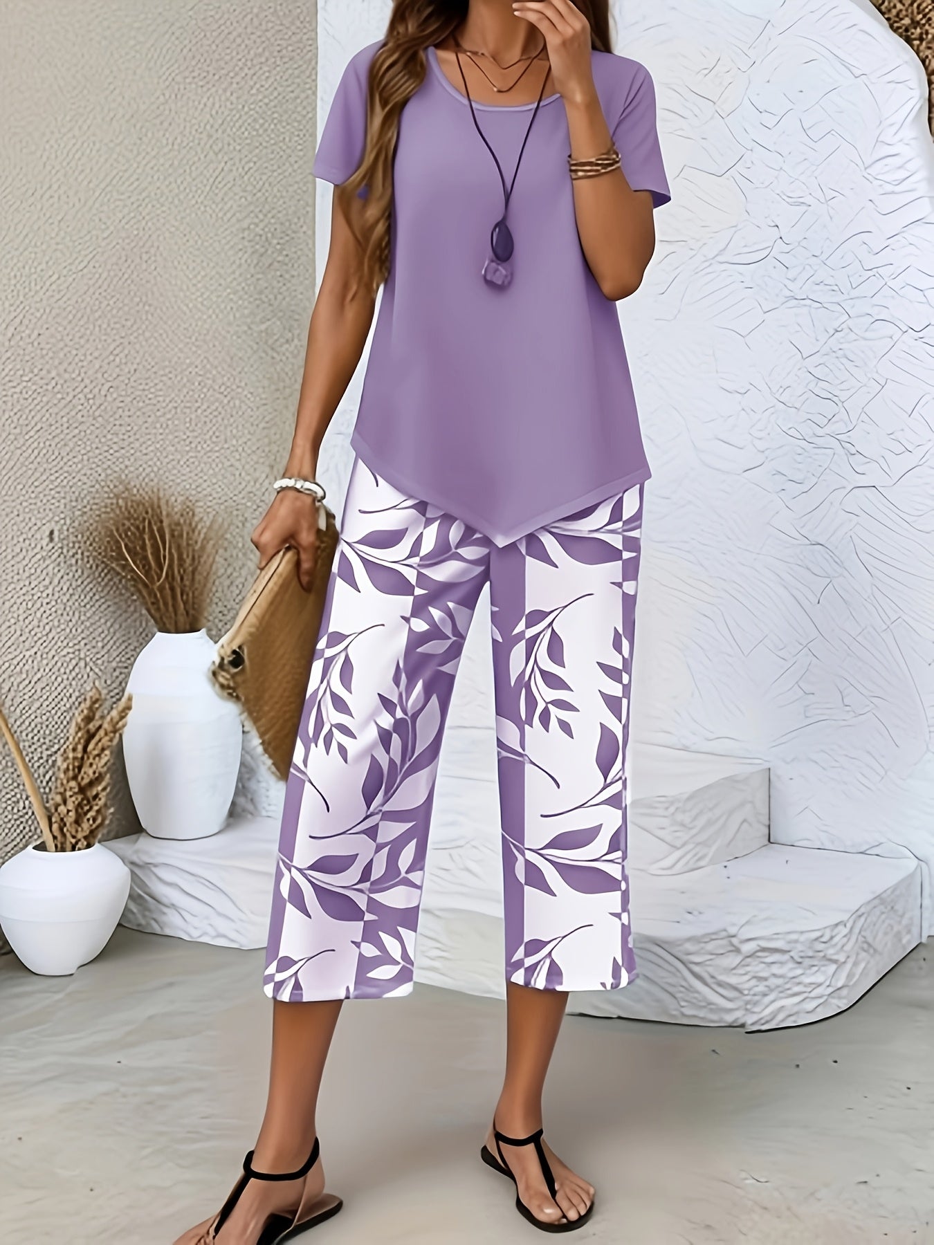 Women's Two-Piece Outfit Set - Graphic Print – Navy Color / Violet detail view
