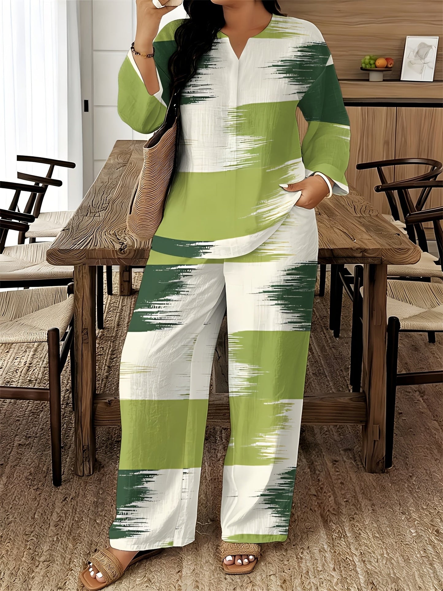 Women's Two-Piece Outfit Set - Graphic V-Neck – 14-Color Selection – main product image
