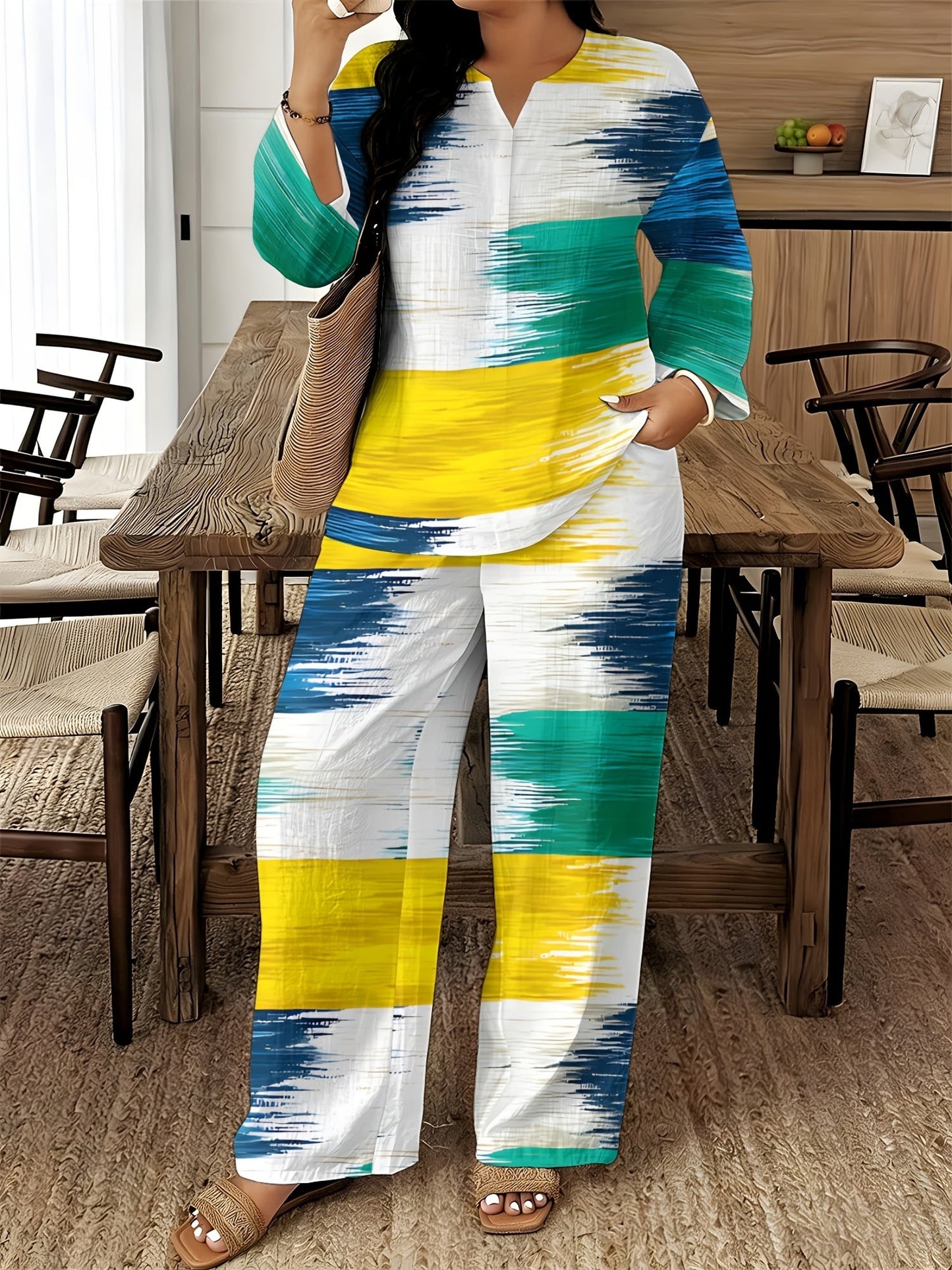 Women's Two-Piece Outfit Set - Graphic V-Neck – 14-Color Selection – view 2