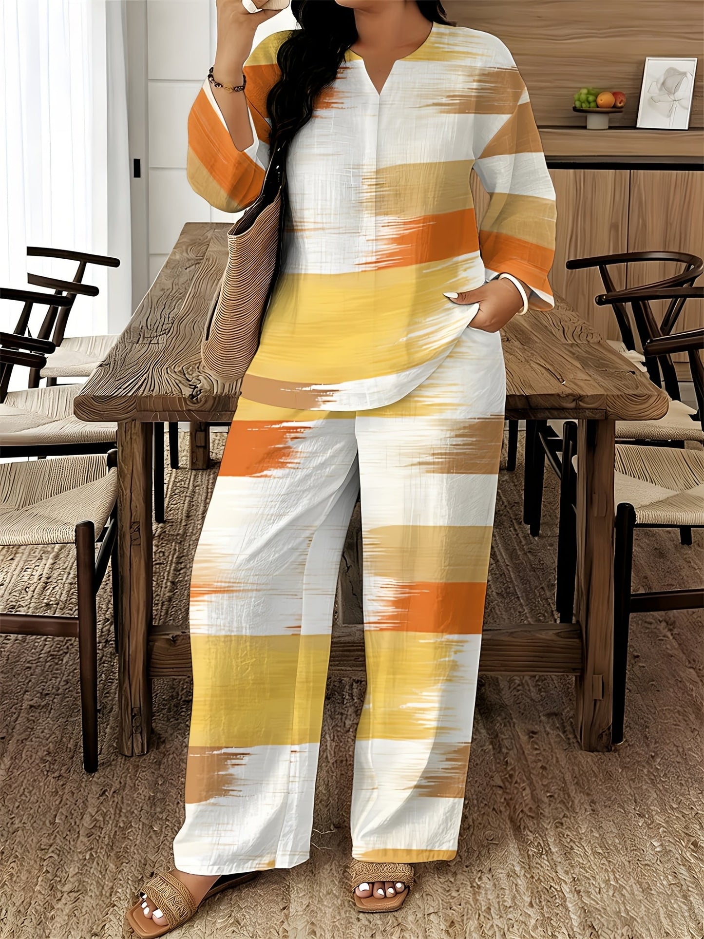 Women's Two-Piece Outfit Set - Graphic V-Neck – 14-Color Selection – view 3