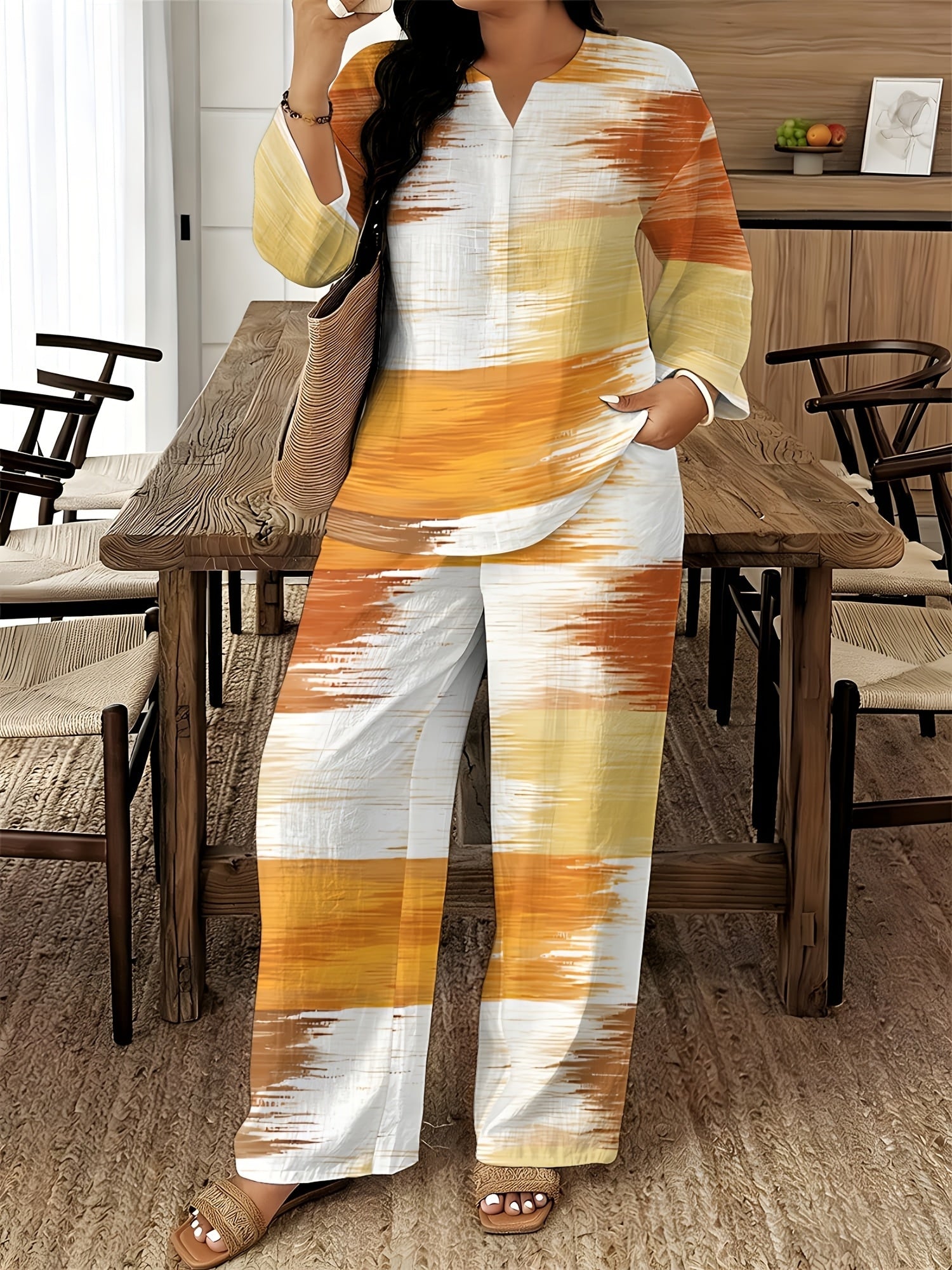 Women's Two-Piece Outfit Set - Graphic V-Neck – 14-Color Selection – view 7