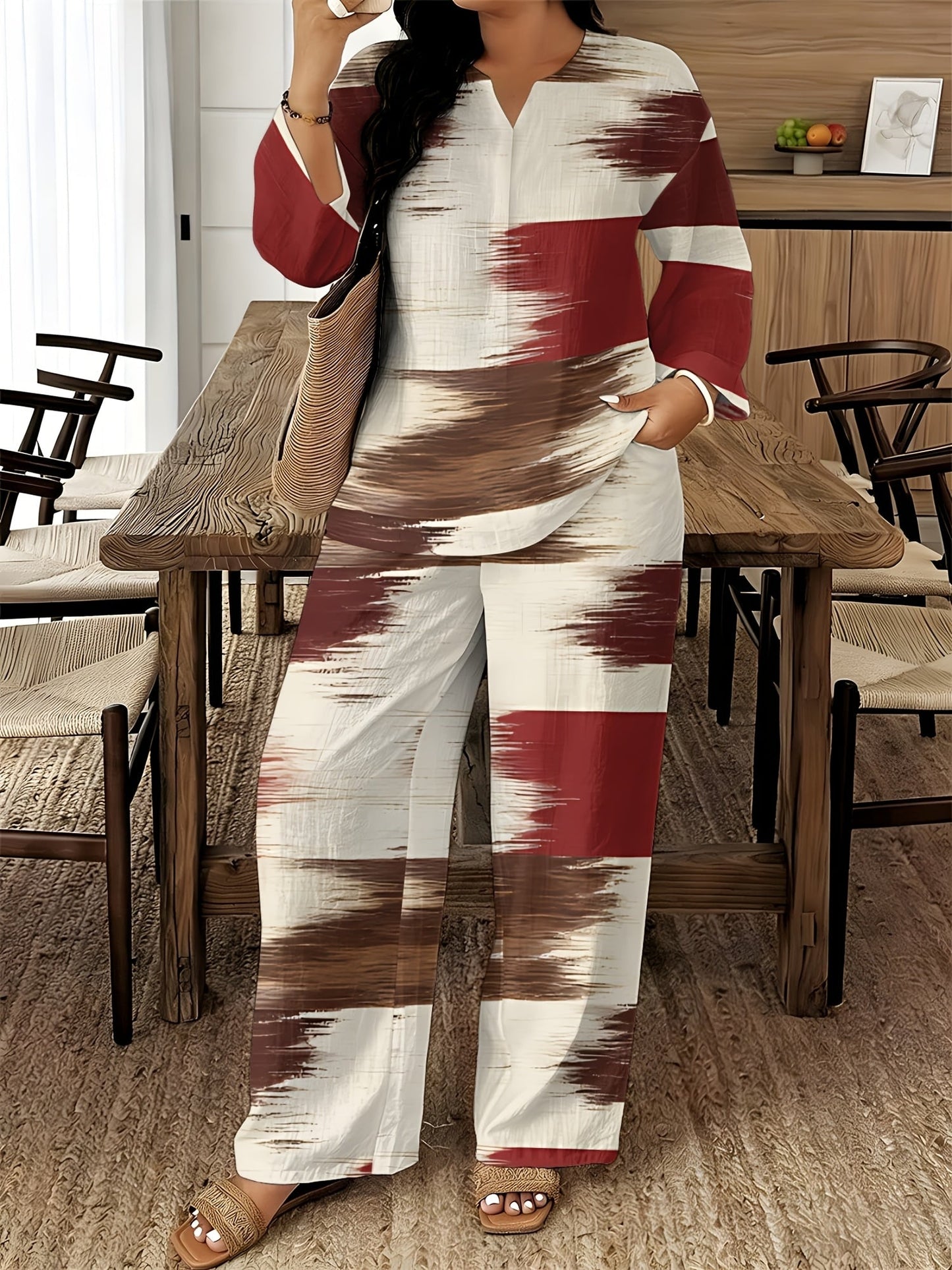 Women's Two-Piece Outfit Set - Graphic V-Neck – 14-Color Selection – view 9