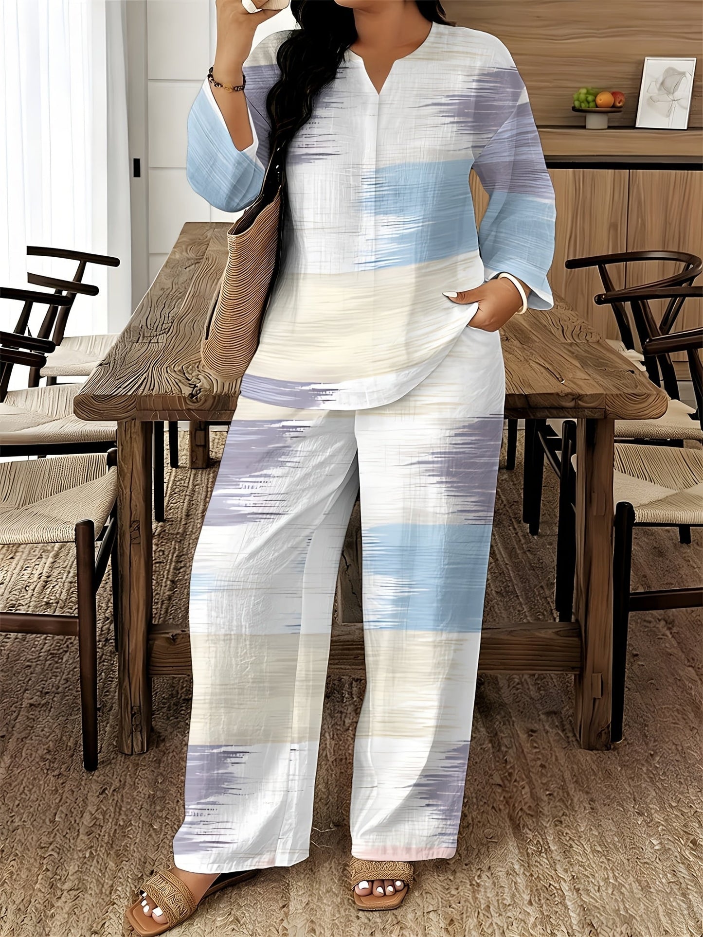 Women's Two-Piece Outfit Set - Graphic V-Neck – 14-Color Selection detail view