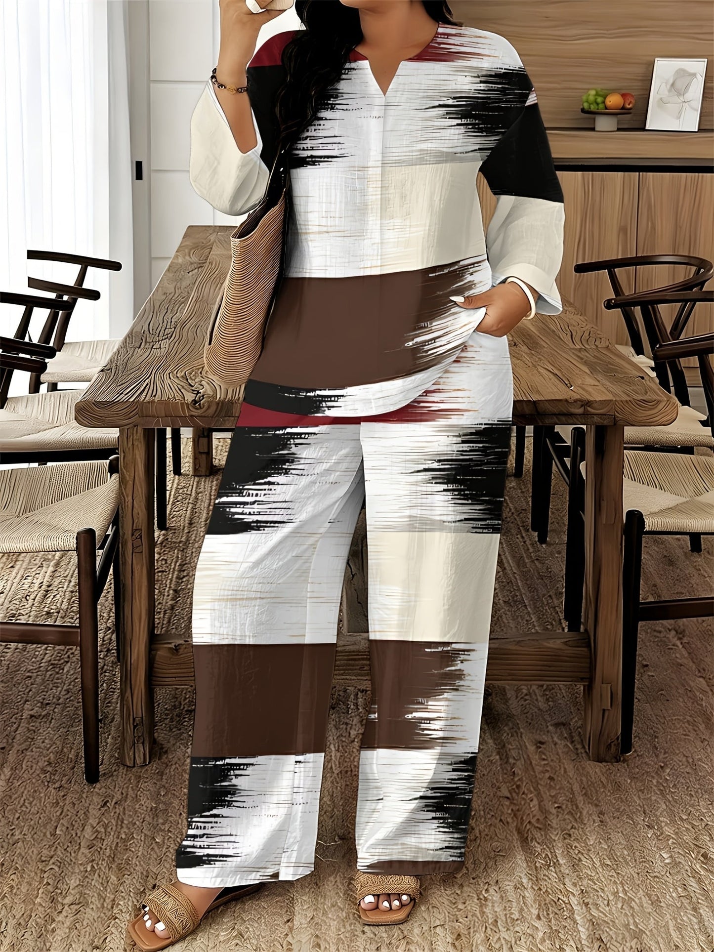 Women's Two-Piece Outfit Set - Graphic V-Neck – 14-Color Selection detail view