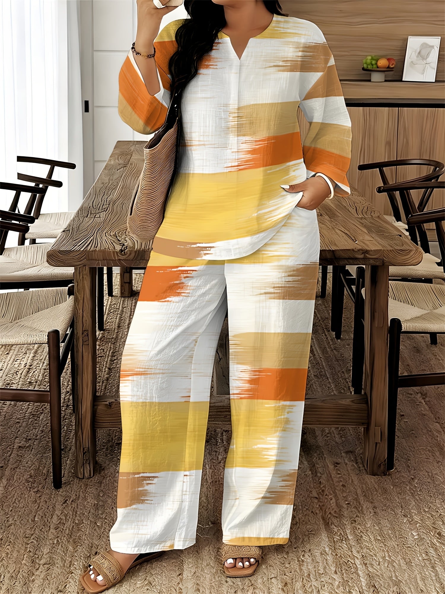 Women's Two-Piece Outfit Set - Graphic V-Neck – 14-Color Selection detail view