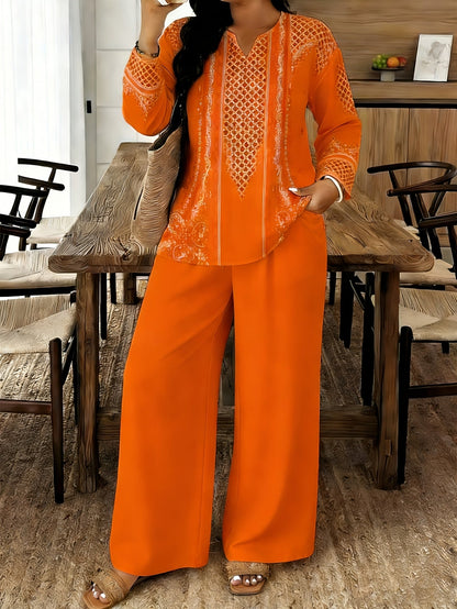 Women's Two-Piece Outfit Set - Graphic V-Neck – 7-Color Selection detail view