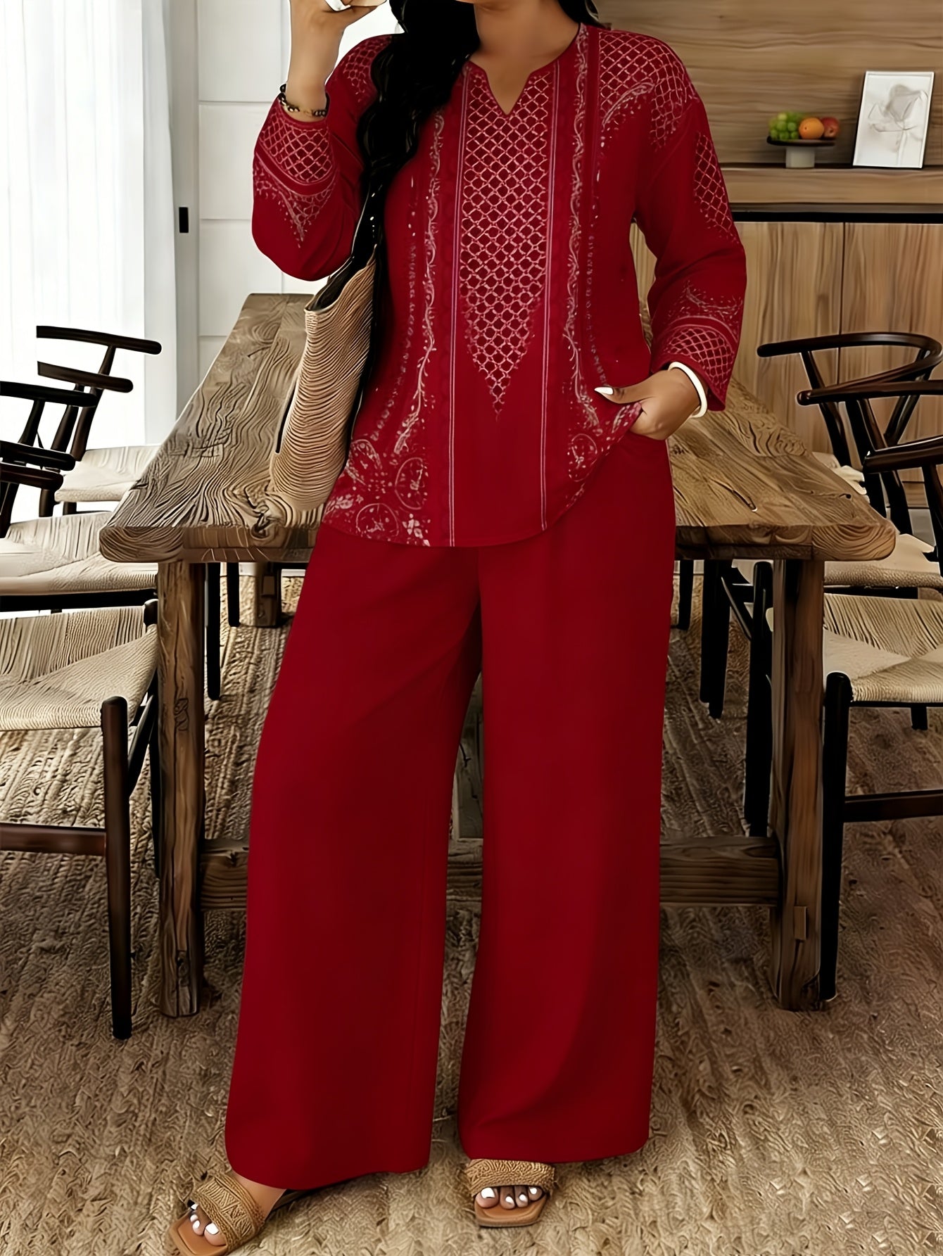 Women's Two-Piece Outfit Set - Graphic V-Neck – 7-Color Selection detail view