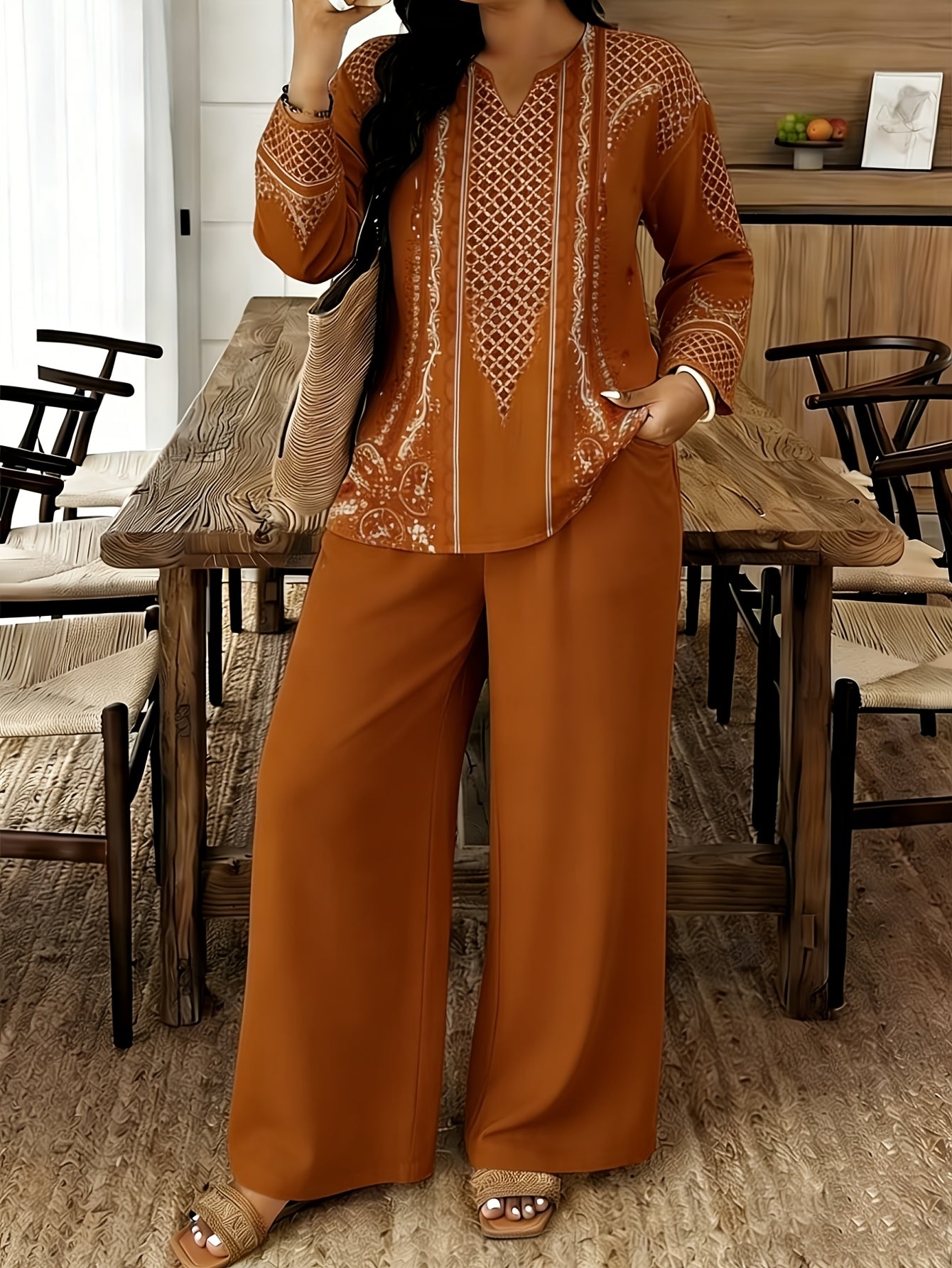 Women's Two-Piece Outfit Set - Graphic V-Neck – 7-Color Selection detail view