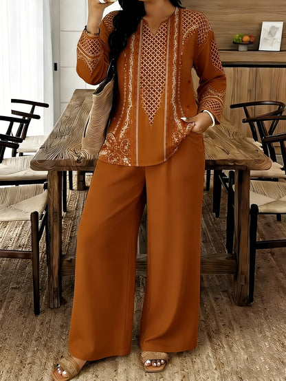 Women's Two-Piece Outfit Set - Graphic V-Neck – 7-Color Selection detail view